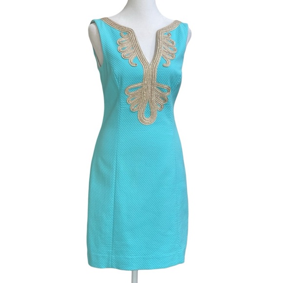 Lilly Pulitzer Dresses & Skirts - Lilly Pulitzer Janice Shift Dress Turquoise Gold Trim Detail Sz 00 Sleeveless
